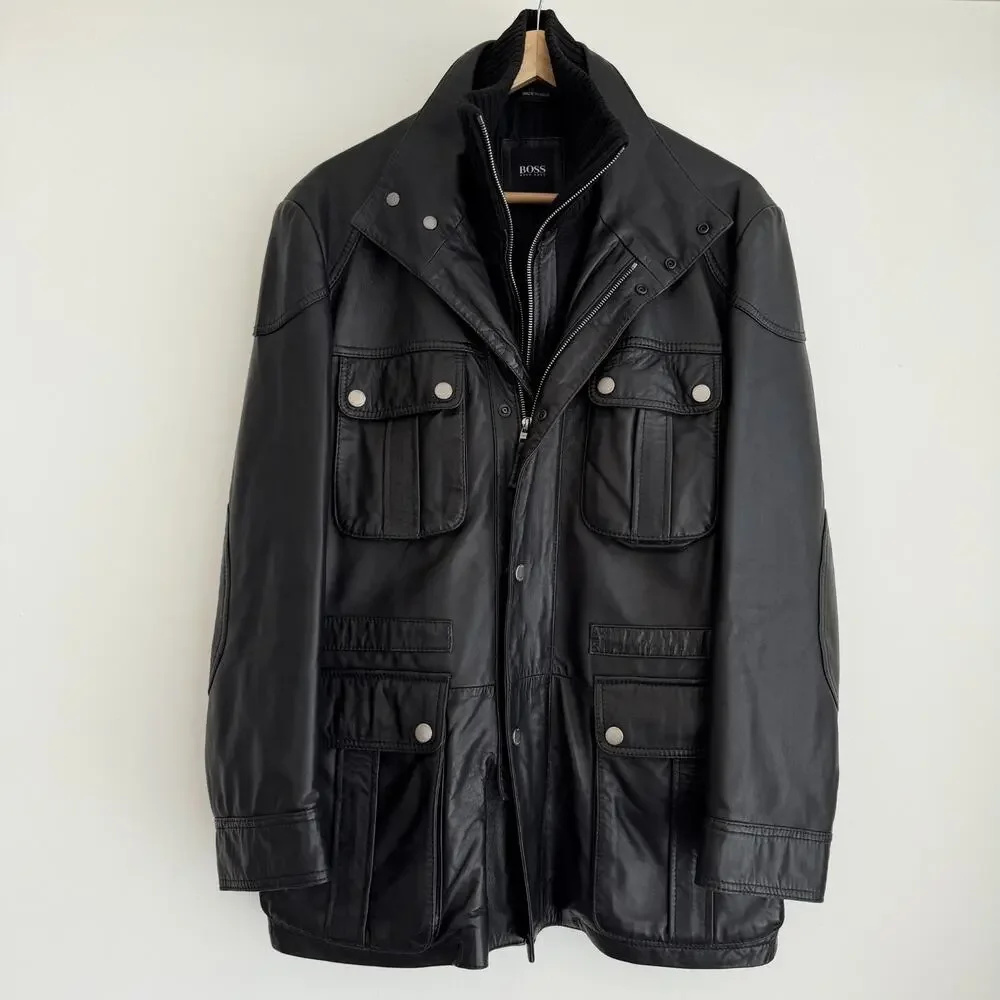 Hugo Boss Leather Jacket Men 38R Black Goatskin Military Field Biker Safari Coat - Picture 3 of 12